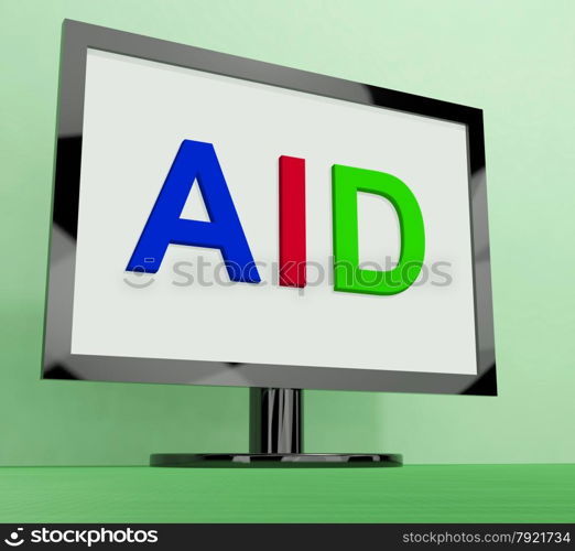 LCD Monitor On Stand For Tv Or Computer. Aid On Monitor Showing Aiding Help Or Relief