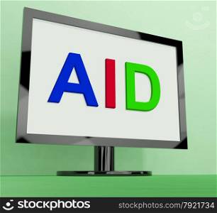 LCD Monitor On Stand For Tv Or Computer. Aid On Monitor Showing Aiding Help Or Relief