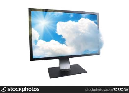 LCD monitor with sun and clouds outside isolated on white