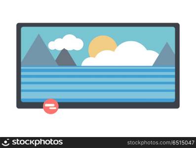 LCD TV with Nature Landscape on Screen. Television monitor with nature landscape on screen. LCD TV monitor. LCD TV screen. Smart TV Mock-up, Vector TV screen, LED TV. Isolated object on white background. Vector illustration.