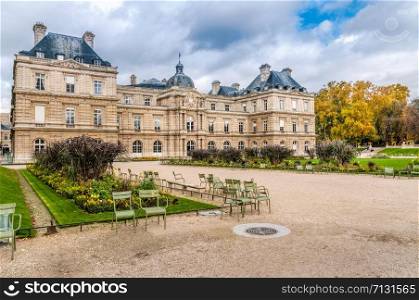 Le Palais du Luxembourg in winter with cloudy sky in Paris, France
