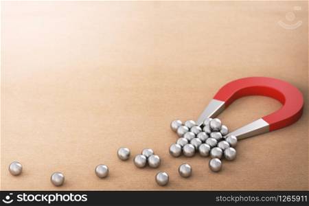Lead Magnet over paper background attracting and retaining many spheres, symbol of new customers. B2B inbound marketing concept. 3D illustration. Inbound Marketing, Lead Magnet, Customer Attraction and Retention, B2B Concept