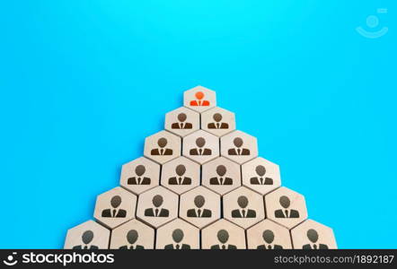 Leader on top of companys hierarchical pyramid. Traditional hierarchy concept. Superiors and subordinates. Meritocracy, corporate conformism. Personnel management. Cooperation and teamwork.