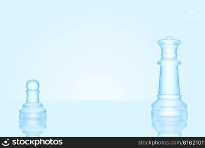 Leadership and bravery concept; an icy frosted single pawn staying against a queen on chessboard.