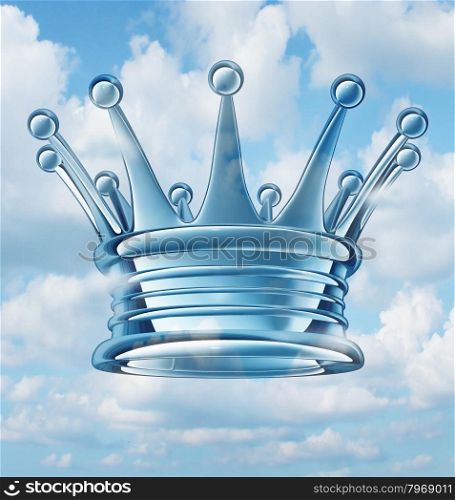 Leadership aspirations business concept and metaphor with a royal king crown floating in the sky as a success symbol of religion and faith in a leader of ideas and leading visionary providing guidance to a group of faithful followers.