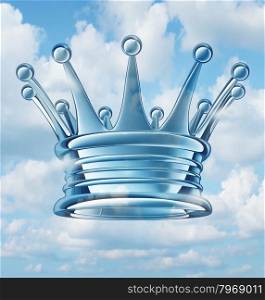 Leadership aspirations business concept and metaphor with a royal king crown floating in the sky as a success symbol of religion and faith in a leader of ideas and leading visionary providing guidance to a group of faithful followers.