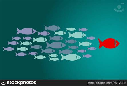 Leadership concept with small fishes group, 3D rendering