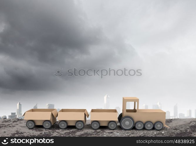 Leadership in business. Young man riding carton train. Women in business