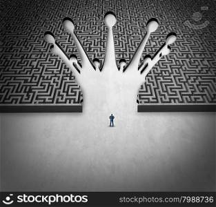 Leadership maze business concept as a person standing in front of a complicated labyrinth shaped as a king crown as a success symbol for career goal strategy and planning a journey to the top of an organization.