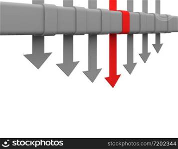 Leadership or different concept with red and white arrows isolated on white background for business and market target strategy concept. Challenge and financial competition. 3d abstract illustration