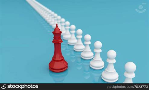 Leadership or different concept with red and white chess. The King in battle game on blue background for market target strategy. challenge and business competition success play. 3d illustration.