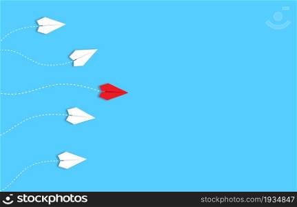 leadership or different concept with red and white paper airplane path and route line on blue background