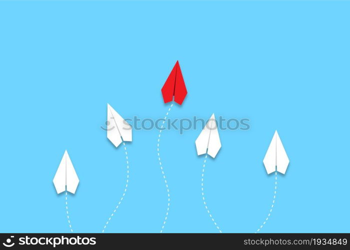 leadership or different concept with red and white paper airplane path and route line on blue background