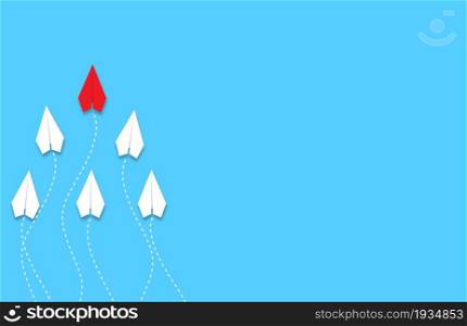 leadership or different concept with red and white paper airplane path and route line on blue background