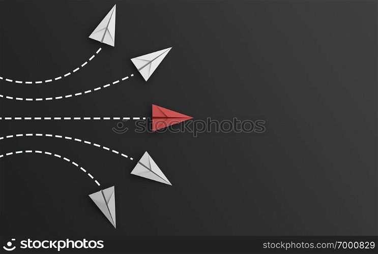 leadership or different concept with red and white paper airplane path and route line on black background. Digital craft in education or travel concept. Mock up design. 3d abstract illustration