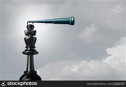 Leadership outlook as a businessman on a chess king piece using a telescope looking into the distance as a concept for vision and career with 3D illustration elements.