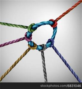 Leadership pull concept and guiding a team as a leader directing the direction of a diverse group of rope symbols tied to a circle as a business metaphor for strong guidance.