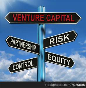 Leadership Signpost Showing Vision Values Empowerment and Encouragement. Venture Capital Signpost Showing Partnership Risk Control And Equity