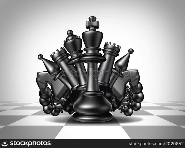 Leadership team support as a leader with group members supporting the leader as a chess board with a king queen and rook with bishop and pawn pieces fighting for a common goal to win as a 3D illustration.