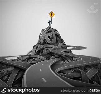 Leadership training and business coaching concept as a leader on top of a hill as a group of streets holding an arrow sign with 3D render elements.