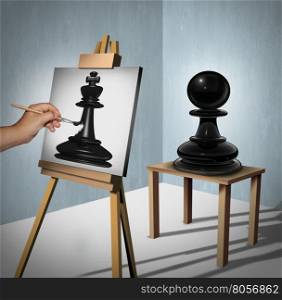 Leadership vision business concept as a chess game pawn being interpreted by a painter who is painting it as a king piece representing potential and motivation to aspire and succeed to a higher level as a 3D illustration.