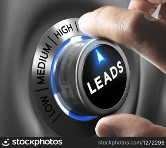 Leads button pointing high position with two fingers, blue and grey tones, Conceptual image for increasing sales lead.. Lead Generation