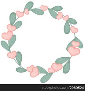 Leafy round bezel with pink hearts. Round romantic wreath. Frame with leaves, template for greeting card or invitation. Leafy round bezel with pink hearts
