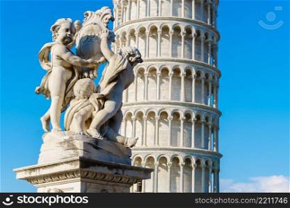 Leaning Tower and statues of Pisa in Tuscany. Leaning Tower of Pisa in Tuscany