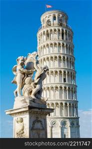 Leaning Tower and statues of Pisa in Tuscany. Leaning Tower of Pisa in Tuscany