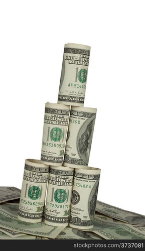 Leaning tower of hundred dollar bills on white background