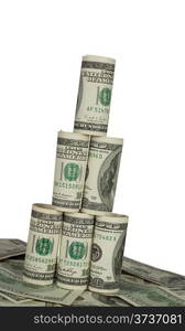 Leaning tower of hundred dollar bills on white background