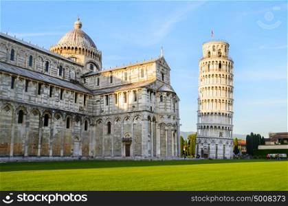 Leaning Tower of Pisa at sunset. Sunset view of Leaning Tower of Pisa and Cathedral, Tuscany, Italy