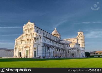 Leaning Tower of Pisa at sunset. Sunset view of Leaning Tower of Pisa and Cathedral, Tuscany, Italy