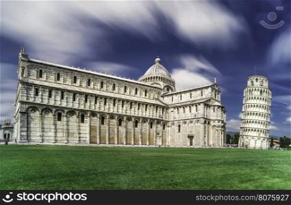 Leaning Tower of Pisa. Blue cloudy sky background