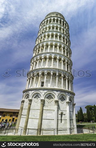 Leaning Tower of Pisa. Blue cloudy sky background