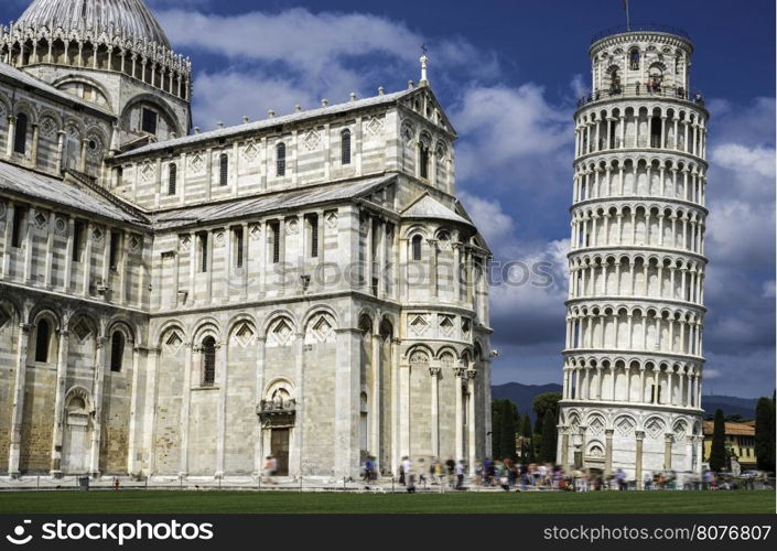 Leaning Tower of Pisa. Blue cloudy sky background