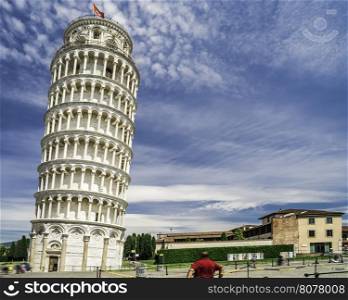 Leaning Tower of Pisa. Blue cloudy sky background