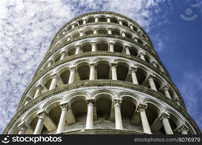 Leaning Tower of Pisa. Close up on blue sky