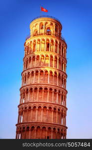 Leaning tower of Pisa on blue sky background, Europe, Italy, ancient medieval architecture, famous European landmark, travel and tourism concept