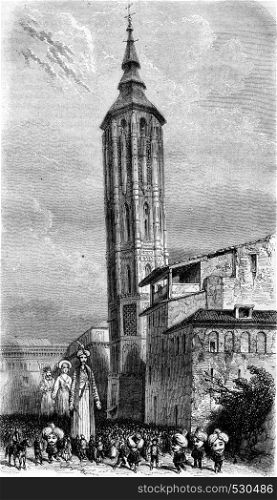 Leaning Tower of Zaragoza, vintage engraved illustration. Magasin Pittoresque 1852.