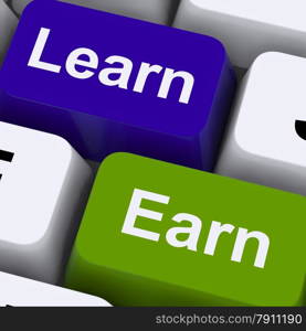 Learn And Earn Computer Keys Showing Working Or Studying. Learn And Earn Computer Keys Shows Working Or Studying