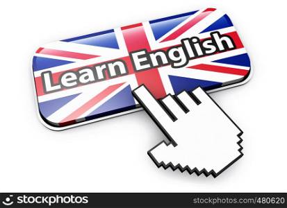 Learn English language online and english e-learning concept with hand cursor clicking on a button with the Union Jack UK flag 3D illustration isolated on white background.