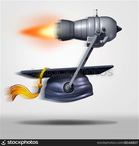 Learn faster and fast education or speed learning concept as a jet engine moving a graduation cap as a metaphor for rapid student success or career goals as a 3D illustration.