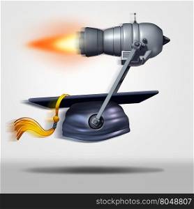 Learn faster and fast education or speed learning concept as a jet engine moving a graduation cap as a metaphor for rapid student success or career goals as a 3D illustration.