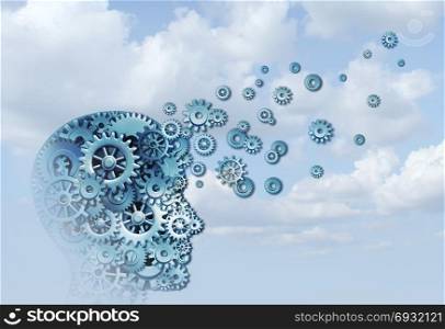 Learning cloud and education business training concept as a head in the sky made of machine cogs with 3D illustration elements.
