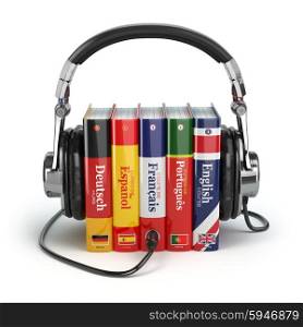 Learning languages online. Audiobooks concept. Books and headphones isolated on white. 3d