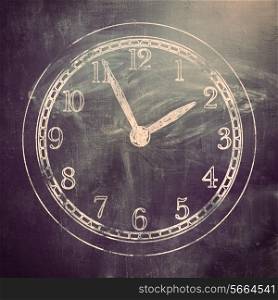 learning time. clock drawn on grungy chalk board