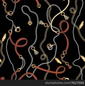 Leather belt elements, chains and braid for fabric on black seamless pattern background. Golden and silver jewelry. Fashion necklaces. Backdrop with chain belts with charms and leather tassels. Set of Belt Elements, Chains on Black Background