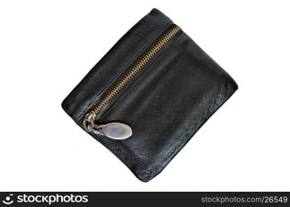 Leather black wallet with zipper isolated on a white background.