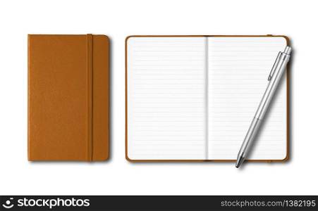 Leather closed and open lined notebooks with a pen isolated on white. Leather closed and open notebooks with a pen isolated on white